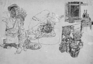 Composition (Mongol man with basket and window). 1934. P., ink. 24х36.