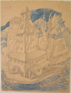Castle by blue mountains. 1936. P., color pencils. 14х10.