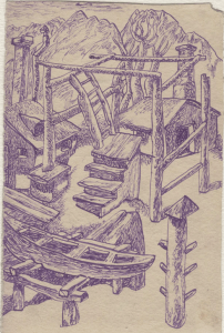 Barn & boats. 1937. P., ink, pen. 15x10.
