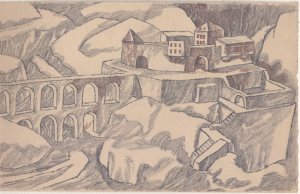 Fortress in the Mountains. 1945. P., graphite pencil, ink, pen. 16x25.3.