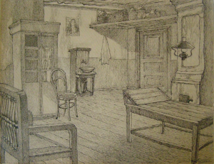The doctor's reception room. Sketch for the movie "Surgery" .1937. P., ink, pen. 21,7x28,7.