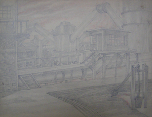 Blast Furnace Shop. Sketch for the movie "Father and Son". 1941. P., graphite car, aqua. 22x29.