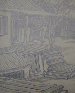 The Yard of the Collective Farm. Sketch for the movie "The White Rose". 1943. P., graphite pencil. 28,6x23,2.