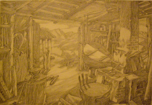 Forge. Sketch for the movie "The White Rose". 1943. P., graphite pencil. 30x43.5.