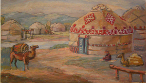 Yurt. Sketch for the movie "Daughter of the Steppes." 1954. Cardboard, oil. 24x42.