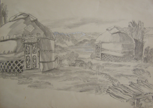 Yurts. Sketch for the movie "Poem about Love." 1953. P., graphite pencil. 29,3x41.