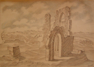 Ruins. Sketch for the movie "The Daughter of Steppes". 1954. P., graphite pencil., crayon. 29.5x41.