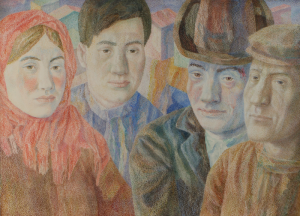 Four faces against the background of the cityscape. 1970-1980. P., watercolor, crayon. 48.5x65.5. Kaliningrad State Art Gallery.