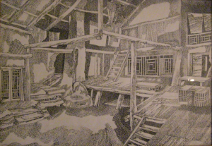 Sketch for a movie. The patio. 1957. P., ink, pen. 52x60.
