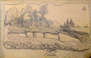 Сельский пейзаж. 1905. Лист из походного альбома Я.Я. Зальцмана. Графитный карандаш.